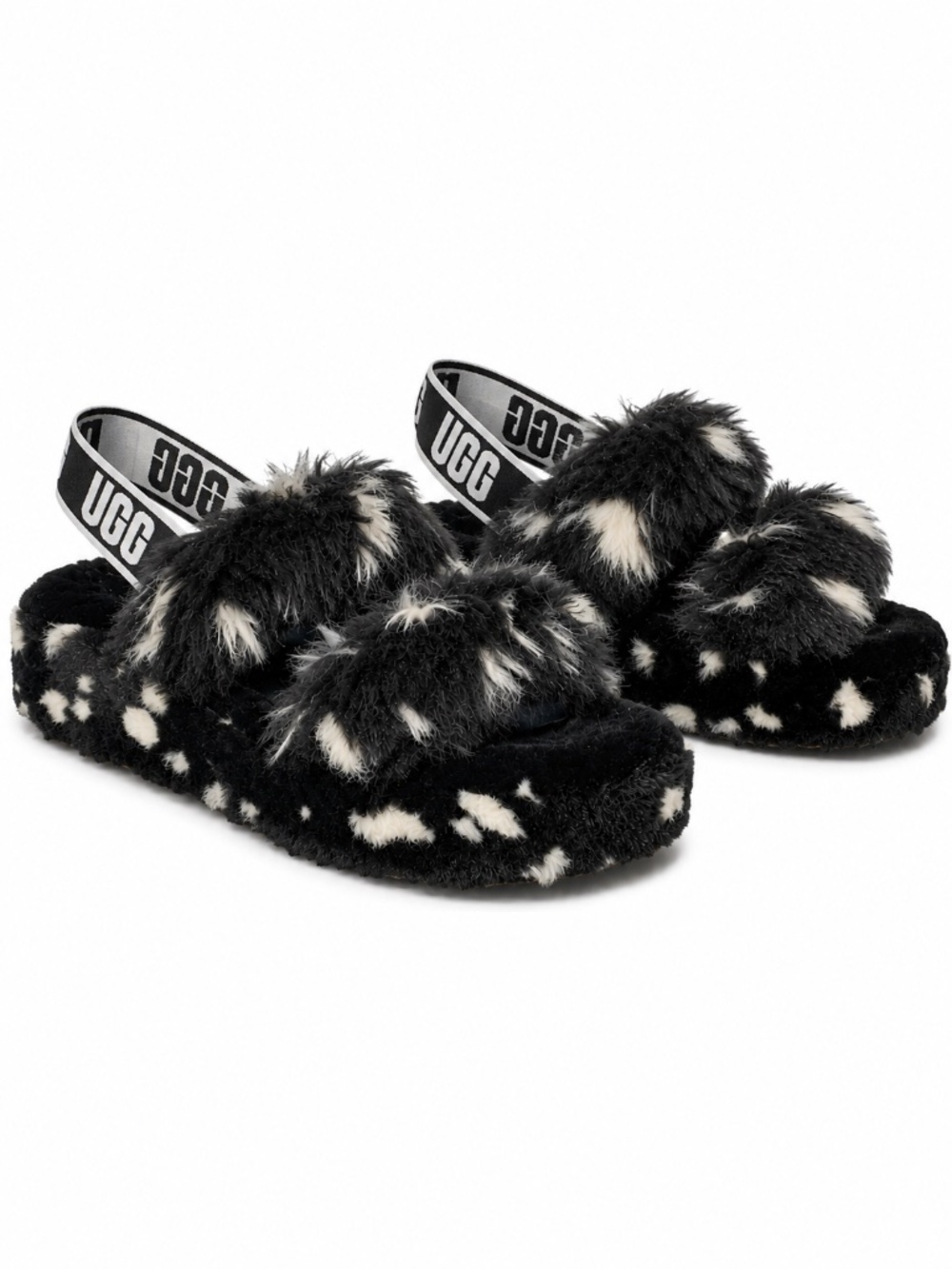 UGG Oh Yeah Spots Fur Slide Sandals Black White Women’s Size 10